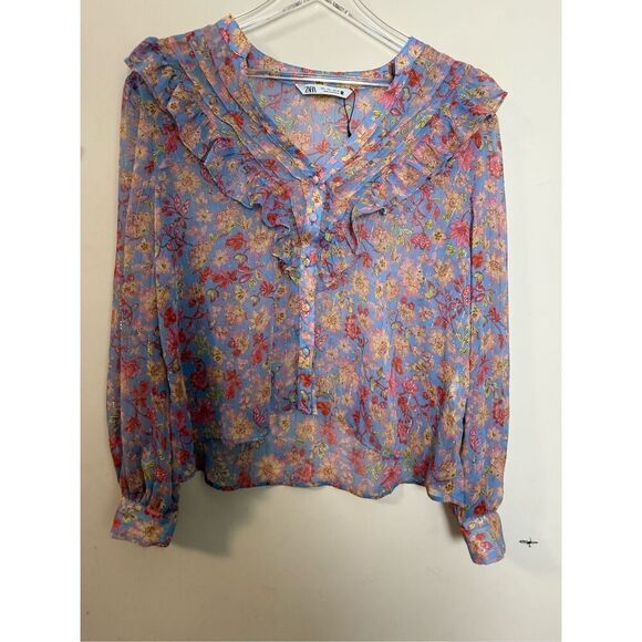 Zara Floral Multicolored Boho Blouse V Neck Ruffle Large - Picture 1 of 5